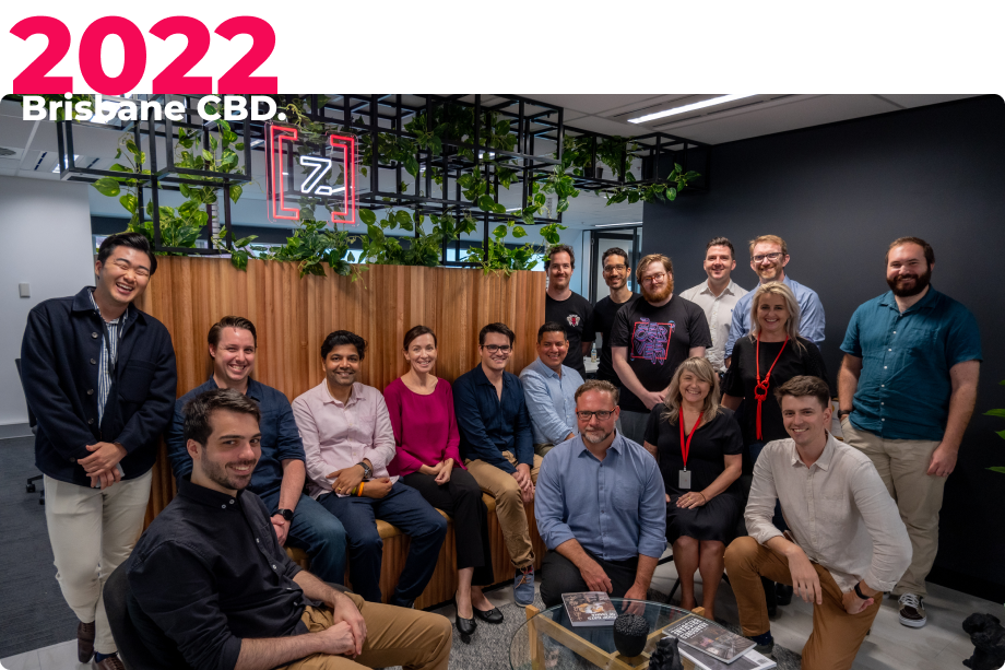 2022 Brisbane CBD text graphic with image of the whole team in the new Brisbane CBD office