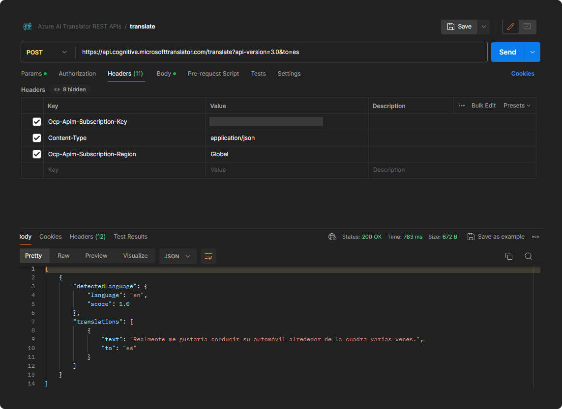 Screenshot of Postman admin testing a translation