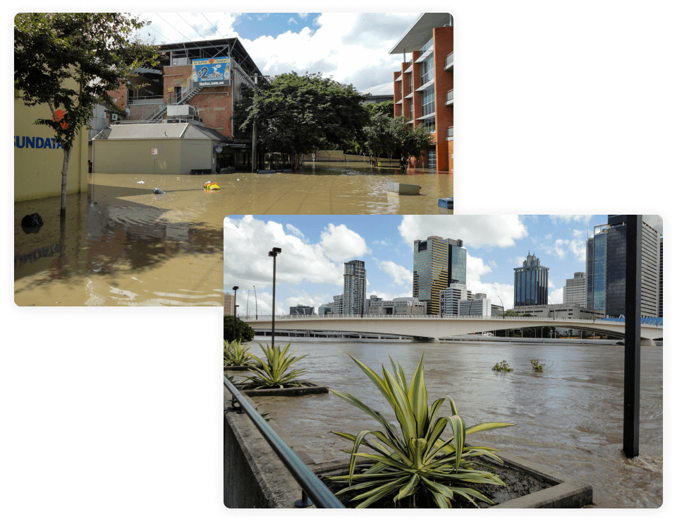 Two images of Brisbane city flooding in 2011