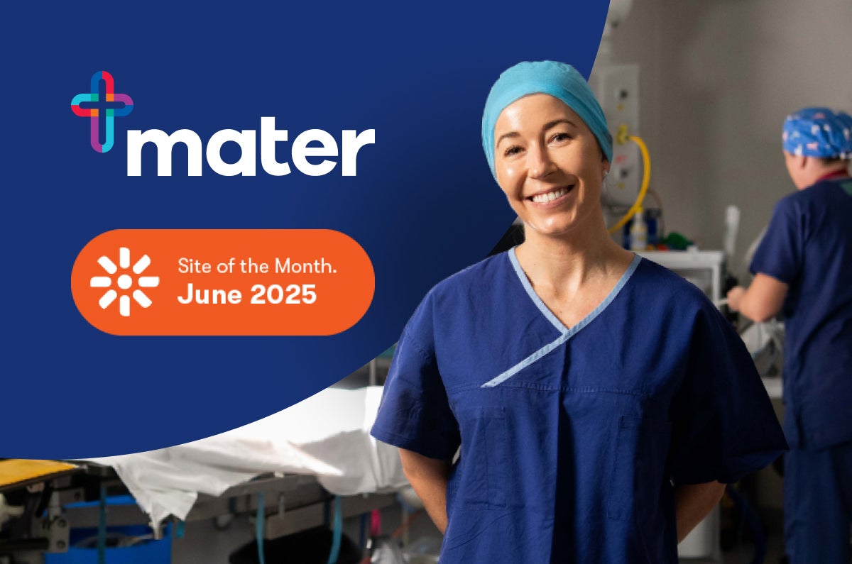 Mater doctor next to the Mater logo and Kentico Site of the Month June 2025 badge