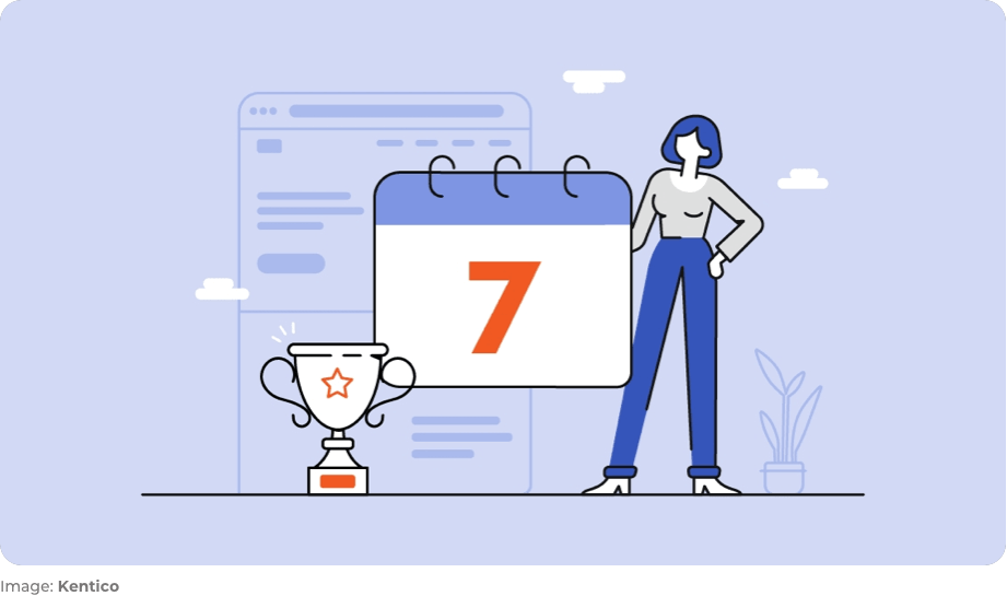 Kentico illustration of calendar with a trophy, calendar showing number 7, a lady standing next to it with watermark illustrations in the background