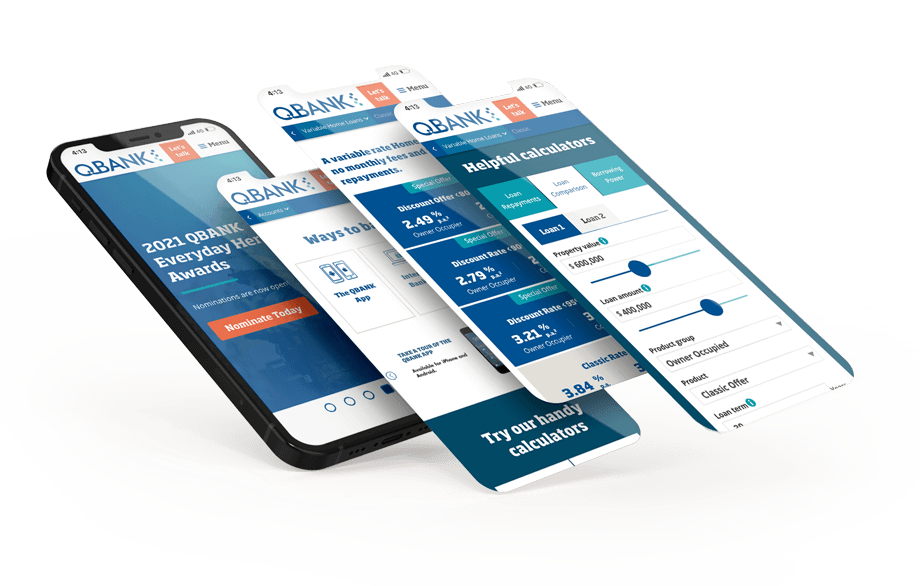 QBANK website mockup on mobile device