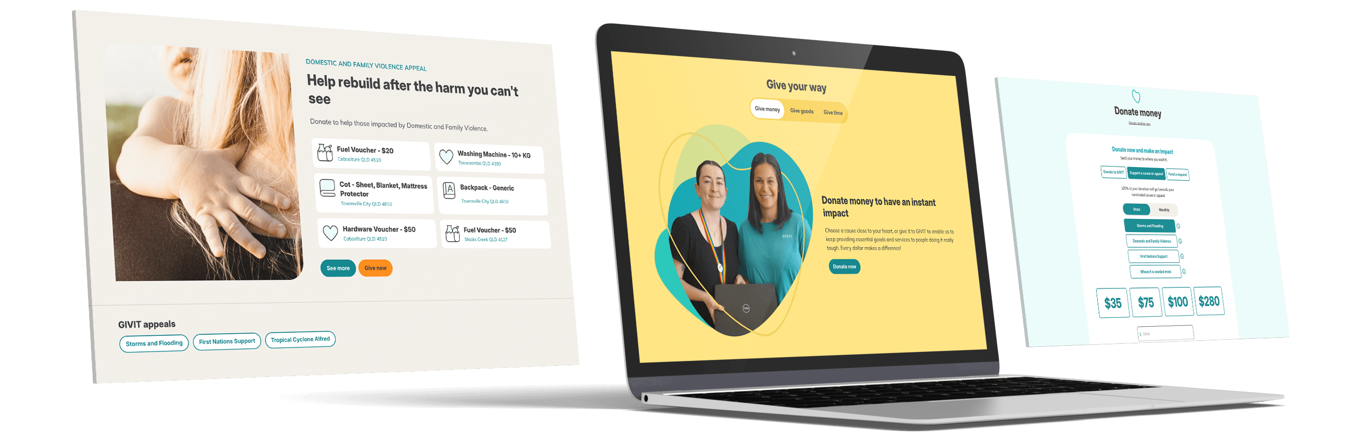 Mockup of the GIVIT website on multiple laptop screens