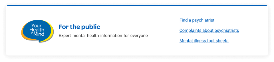 Screenshot of Your Health in Mind branded link on the RANZCP website