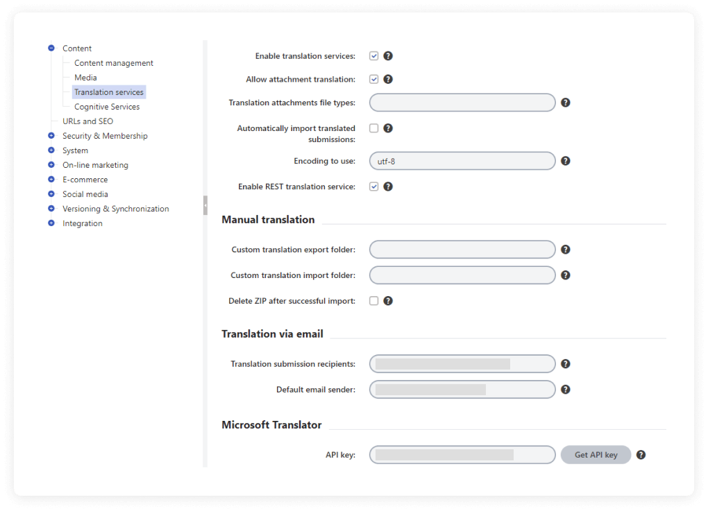 Screenshot of setting up the translation service in Kentico