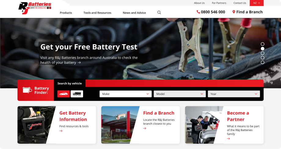Screenshot of the R&J Batteries website