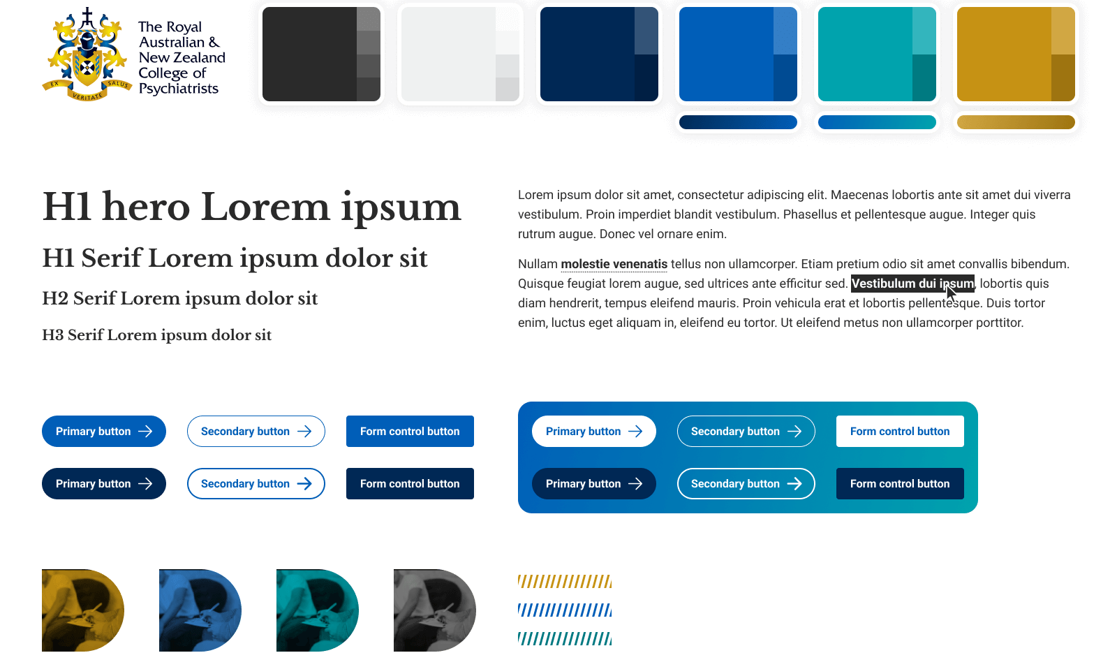 RANZCP design system including colours, text and button styles
