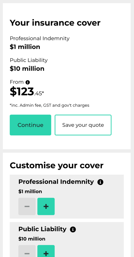 Mobile view of a quick insurance quote