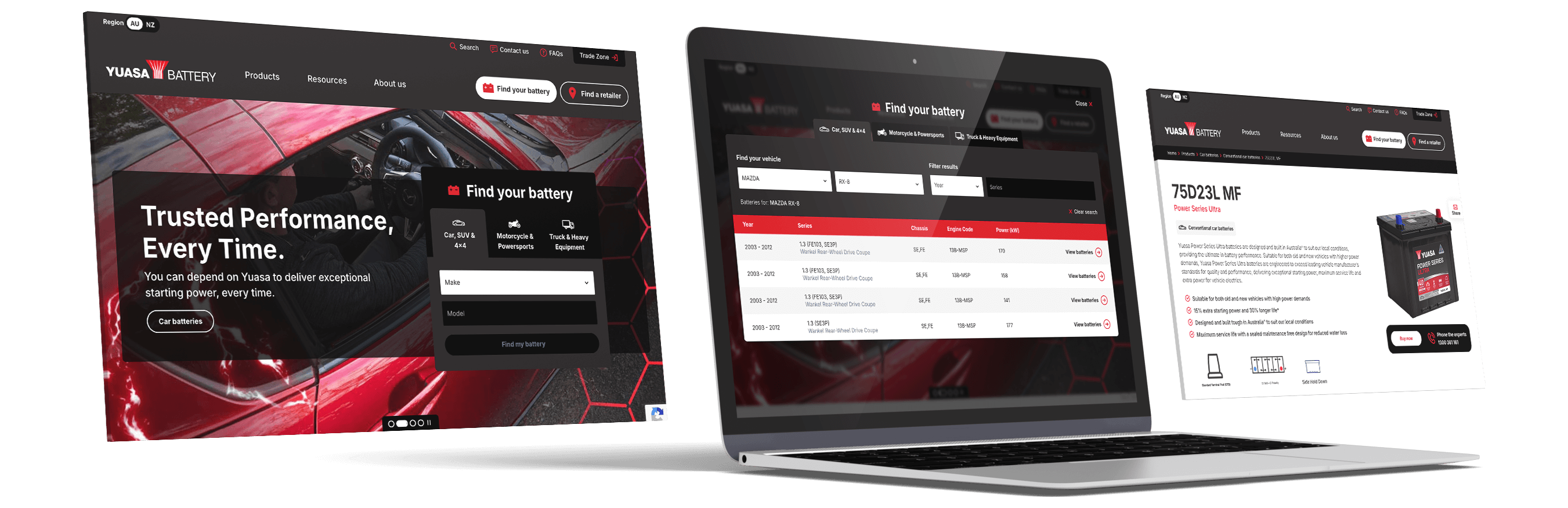 Mockup of Yuasa Battery website on multiple laptop screens