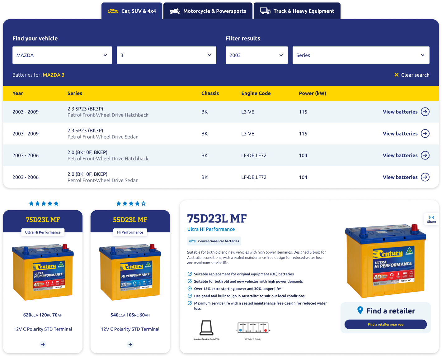 Screenshots of the Century Batteries Battery finder user flow