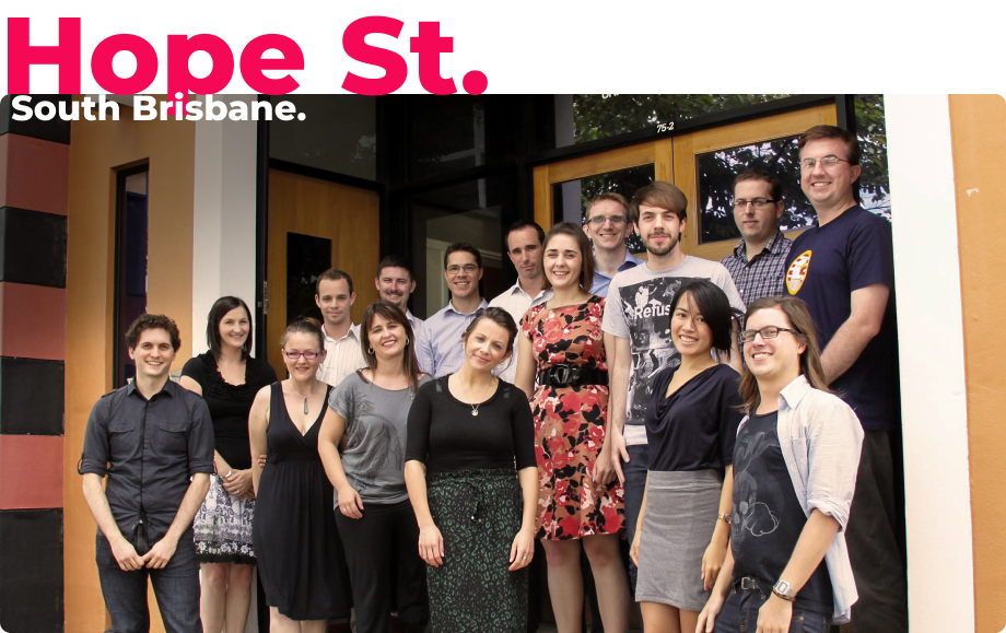 Hope St. South Brisbane text graphic with a picture of the Zeroseven team in front of the office