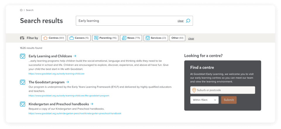 Filterable search results on the Goodstart website