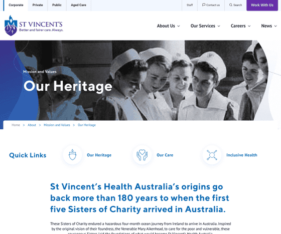 Screenshot of the St Vincents homepage