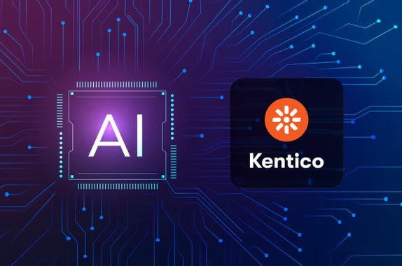 AI computer chip graphic next to Kentico logo