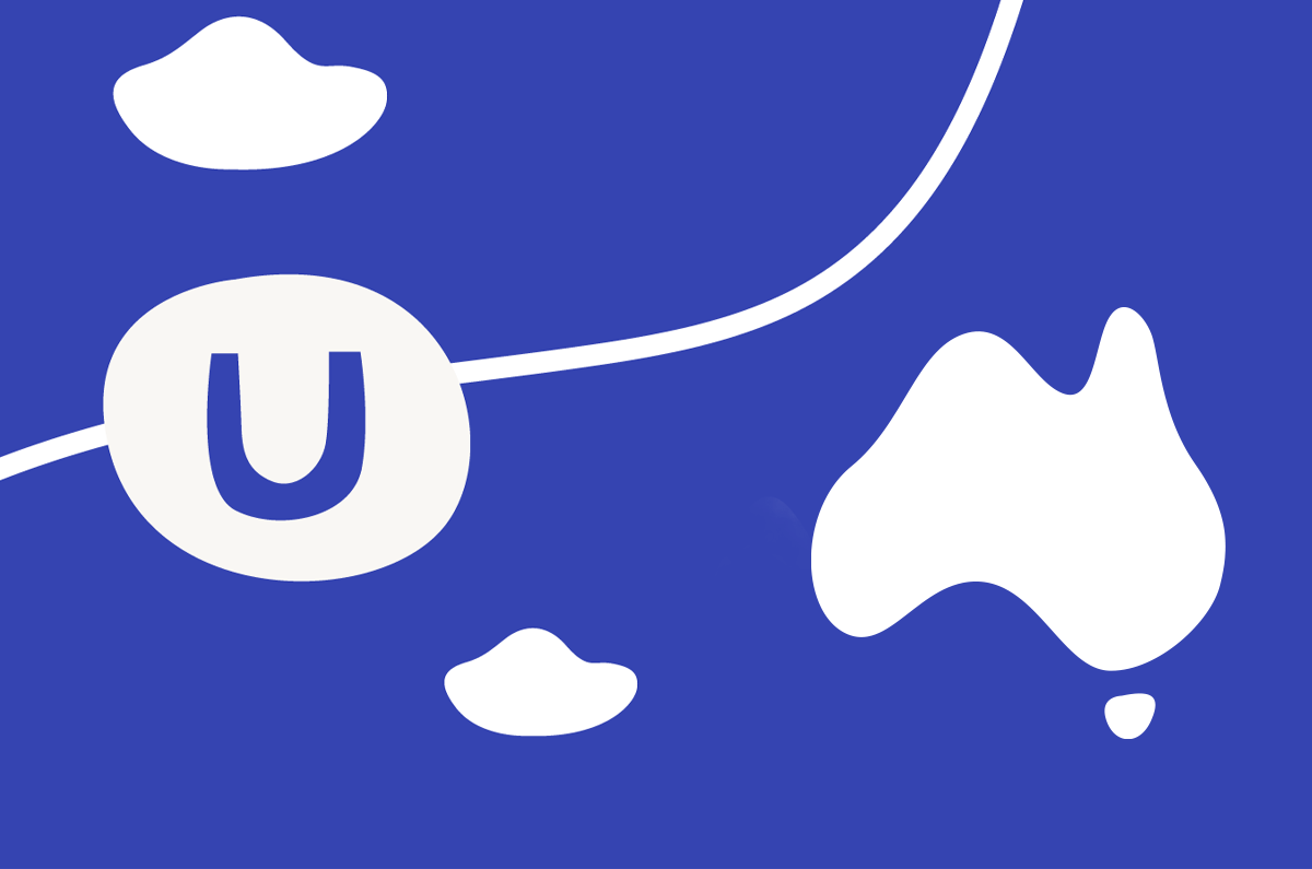 Illustration of the Umbraco logo and clouds, one in an Australian map shape