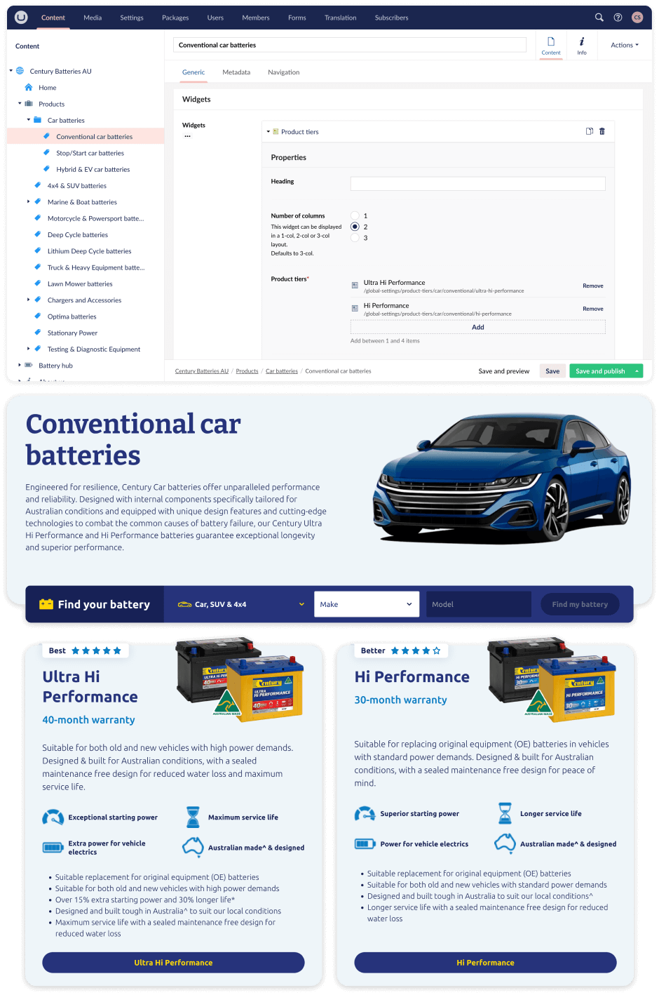 Screenshot of the Century Batteries Umbraco CMS admin and the front end page design