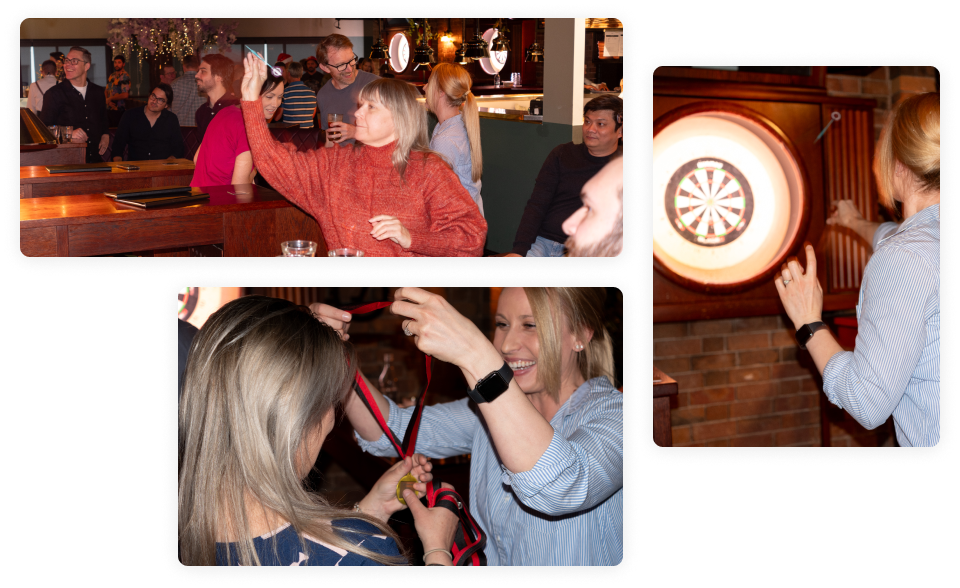 Multiple images showing the Zeroseven team playing darts and receiving medals