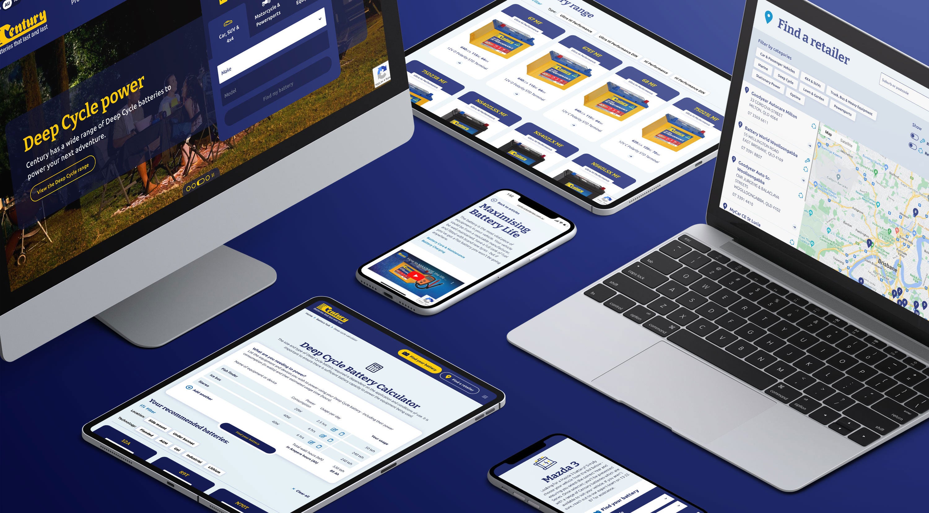 Mockup of the Century Batteries website on multiple devices