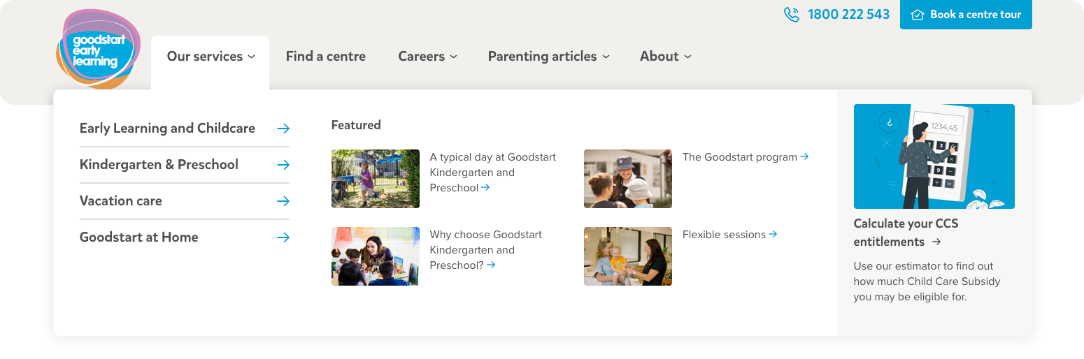 Screenshot of the Goodstart Early Learning website navigation