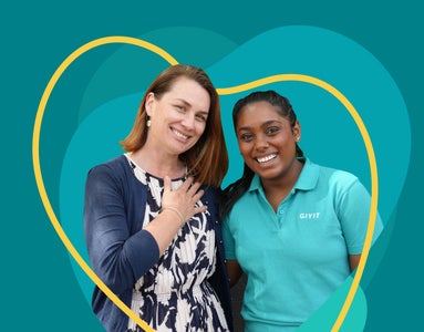 Two grateful GIVIT employees within heart shapes