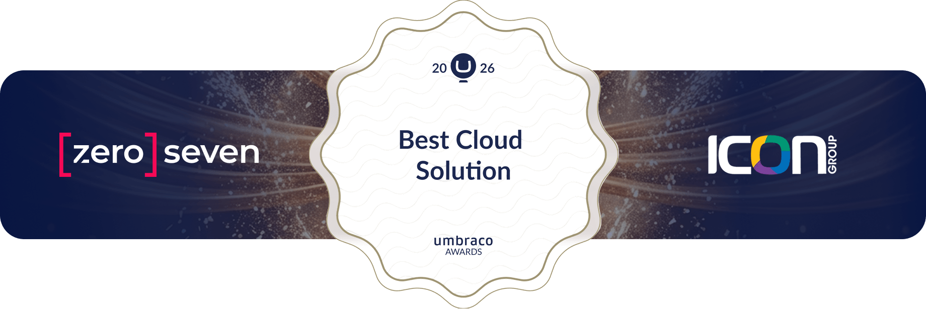 Zeroseven and Icon logo with the 2026 Umbraco Best Cloud Solution award badge