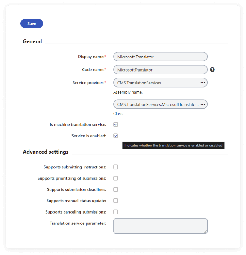 Kentico Translation service module in the admin