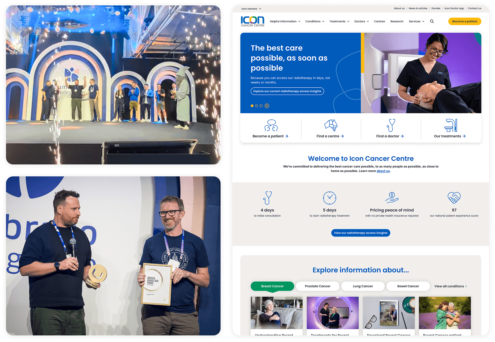Chris and Adam accepting the Umbraco Site of the Year award and a screenshot of the Icon Cancer Centre website