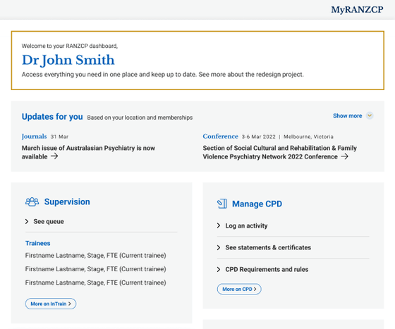Screenshot of the RANZCP members portal