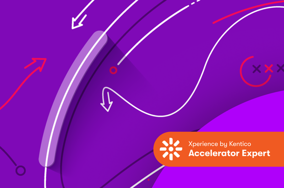 Abstract timeline illustration with the Xperience by Kentico Accelerator expert badge