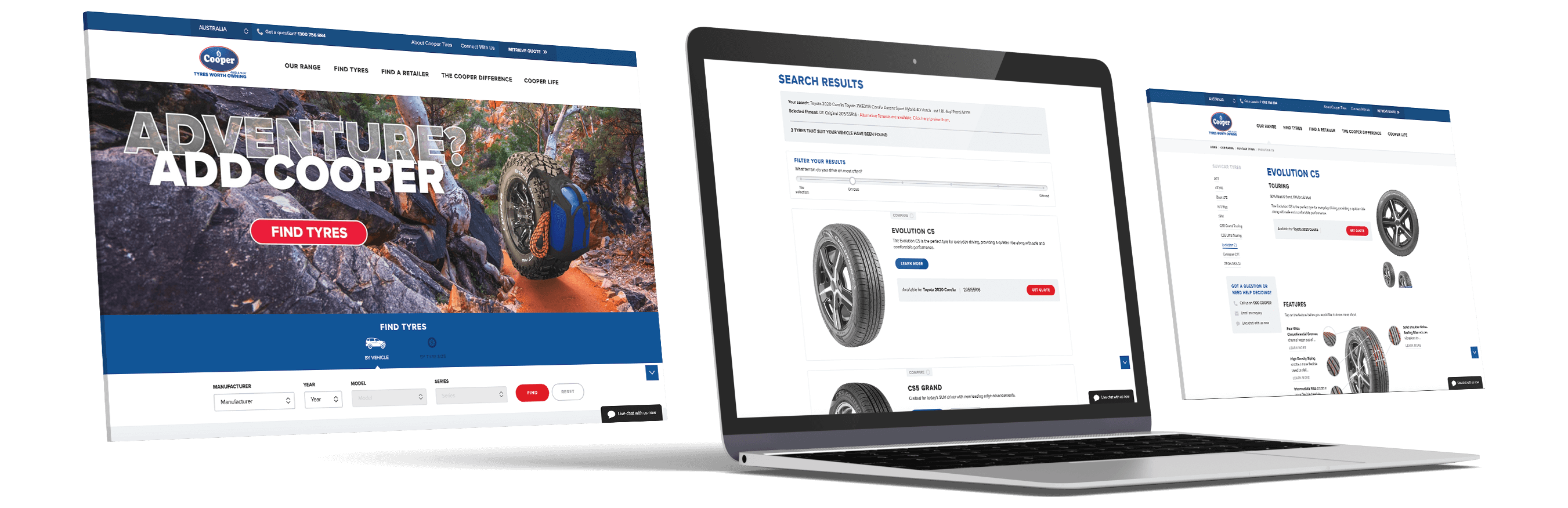 Cooper Tires website mockup on laptop