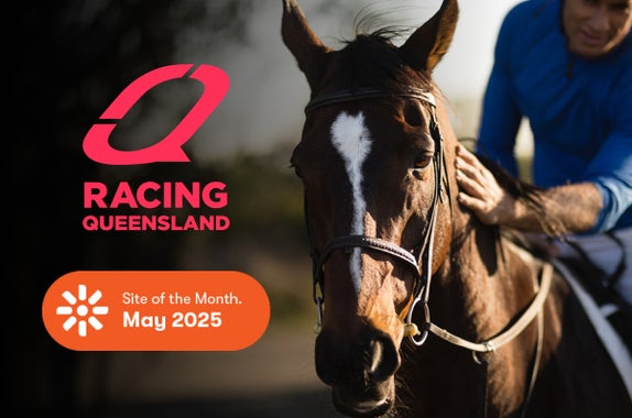 Racing Qld logo, site of the month badge, overlaying an image of a horse being patted by it's rider