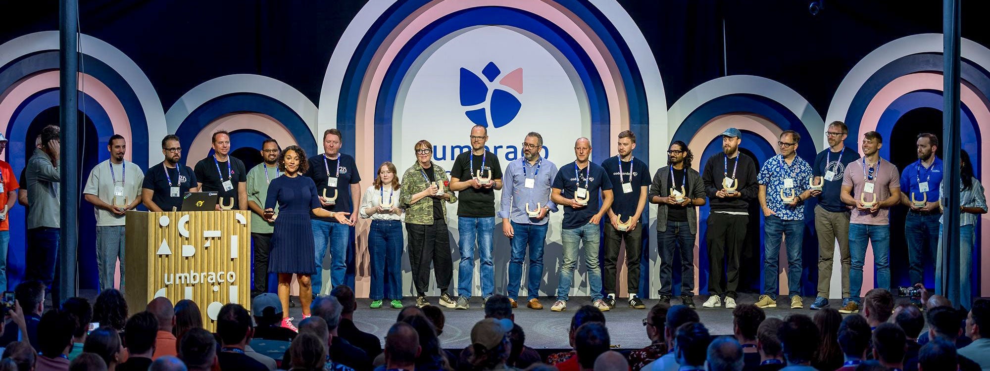 Chris Thompson and fellow 2026 Umbraco MVPs on stage at Codegarden in Copenhagen