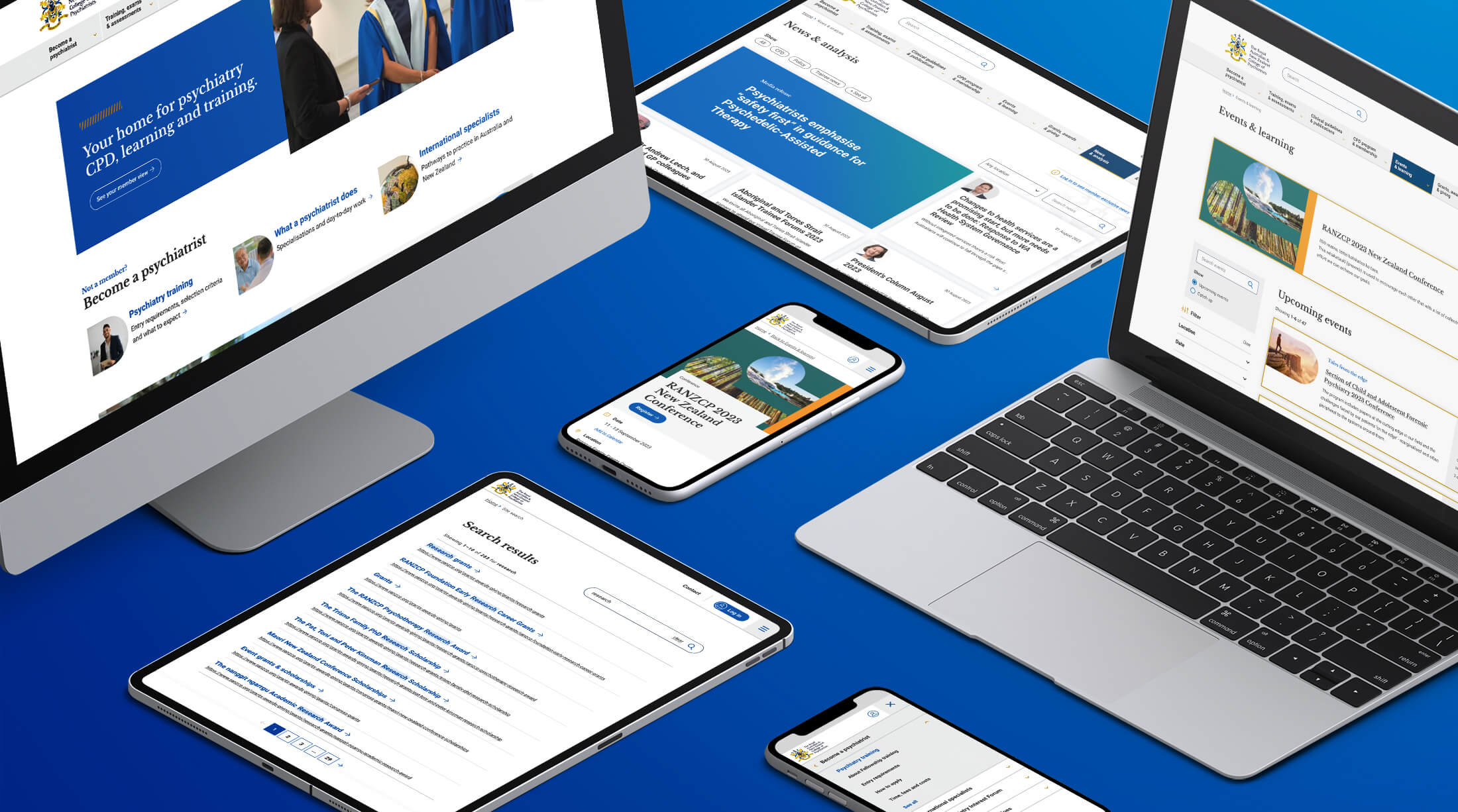 Mockup of the RANZCP website on multiple devices