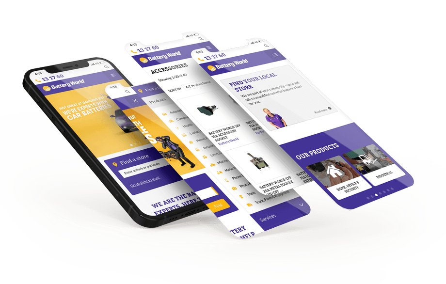 Battery World website mockup on mobile device