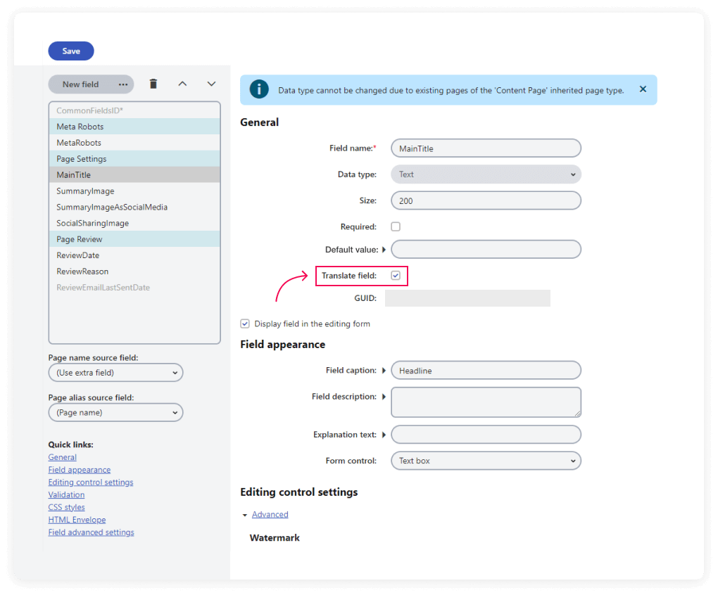 Setting up pages for translation in Kentico Admin