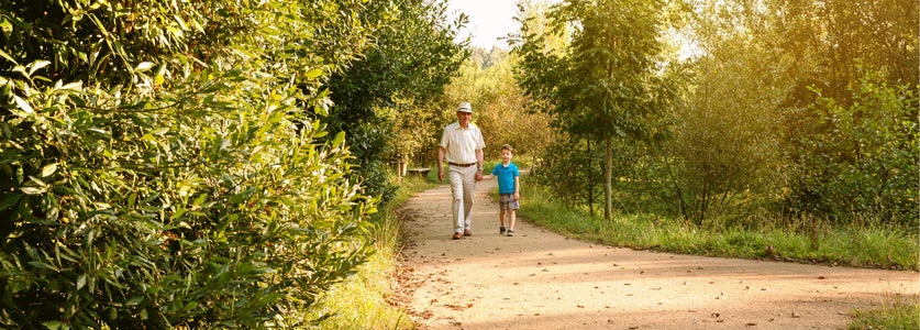 Man and child walking on a path