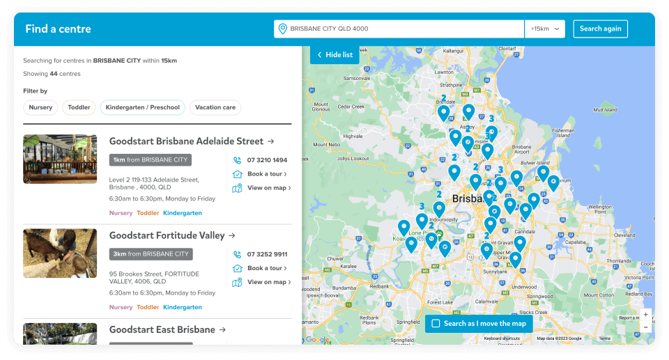 Results listing and map view of Goodstart centres