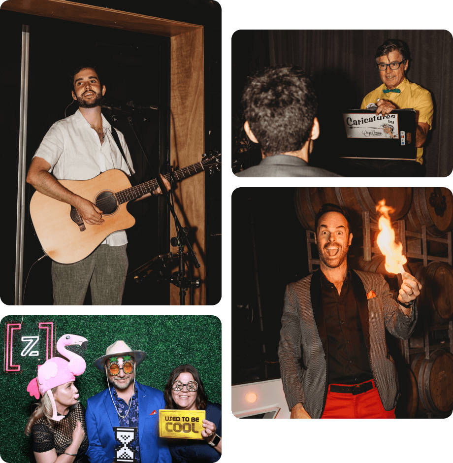 A man playing guitar and singing, a caricaturist, people in a photo booth, and a magician playing with fire