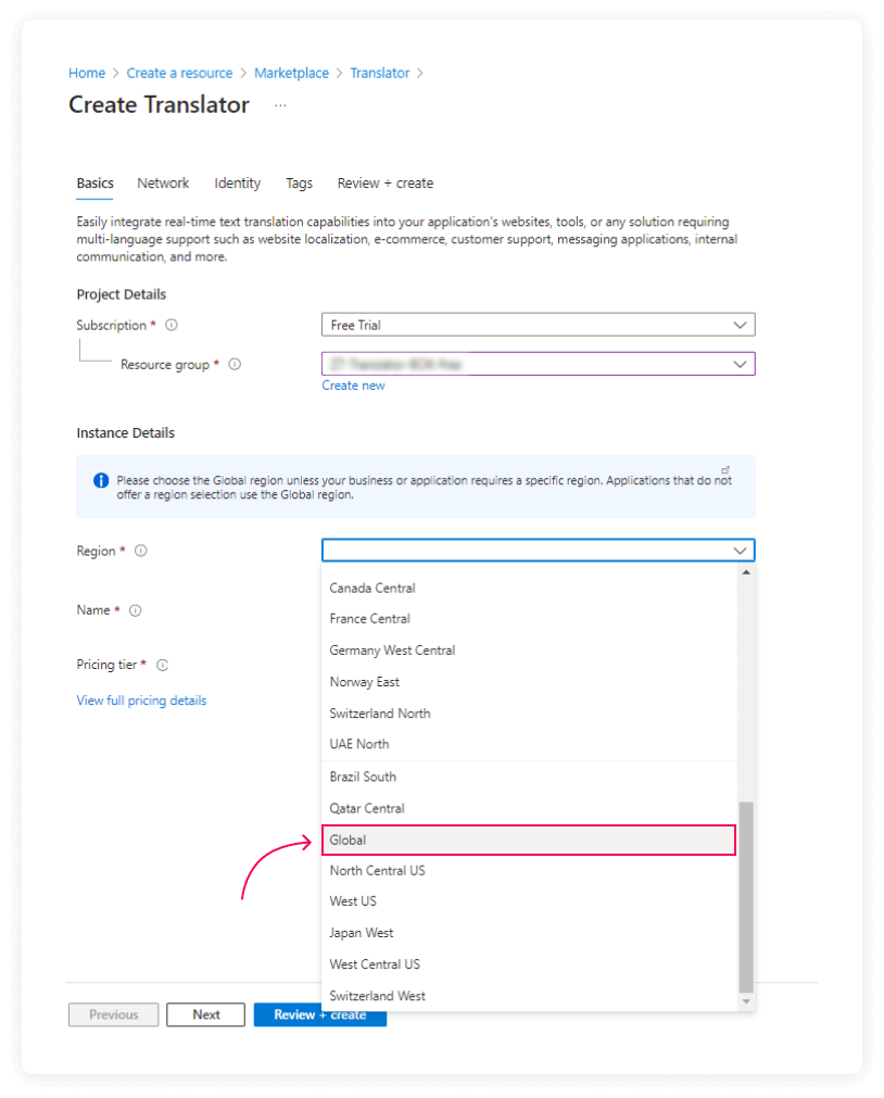 Screenshot of creating the Azure AI Translator service