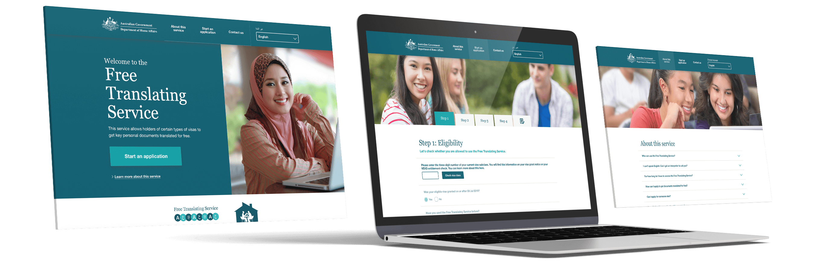 Australian Government Department of Home Affairs Free Translating Services website mockup on laptop