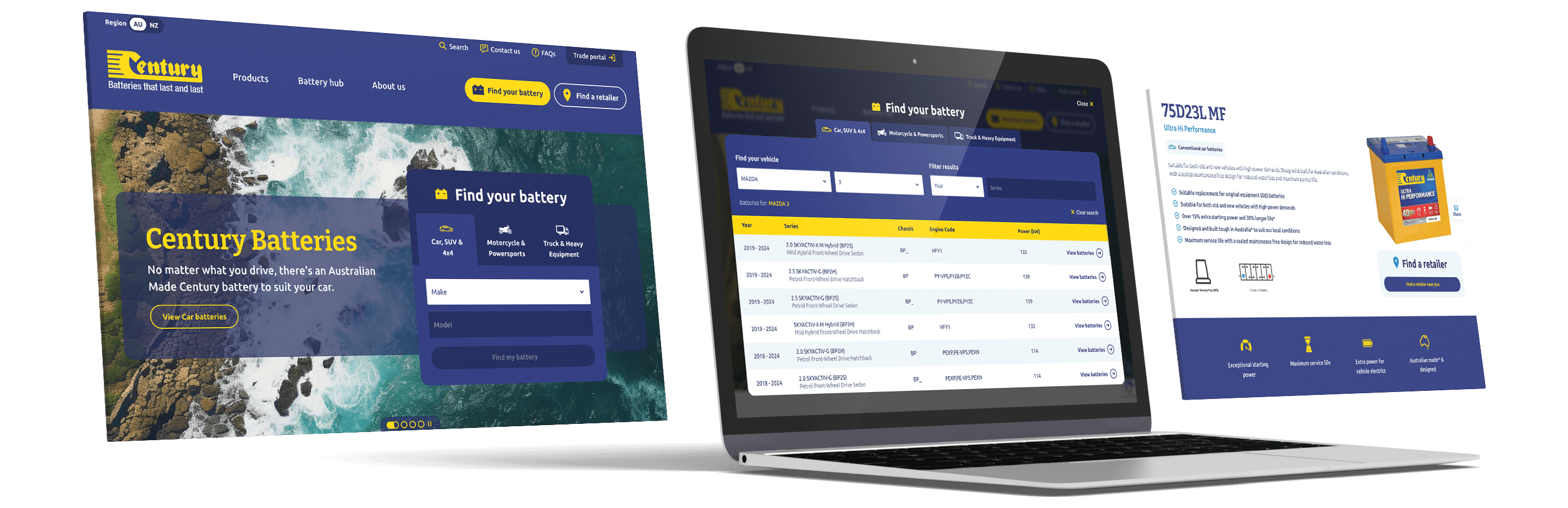 Mockup of the Century Batteries website on laptop screens