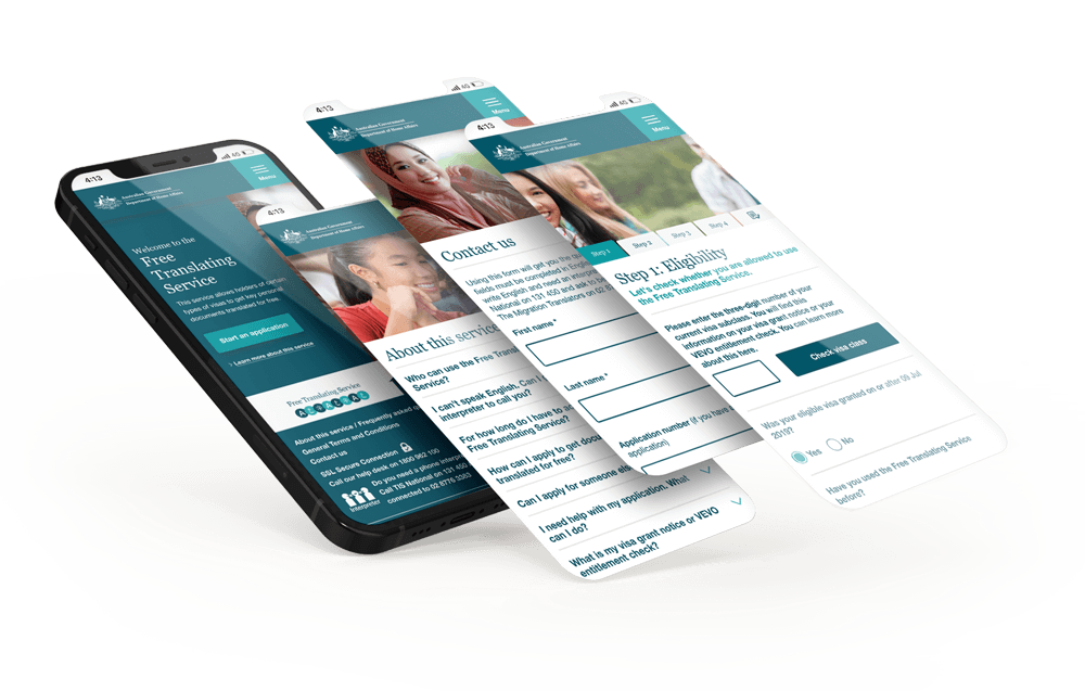 Australian Government Department of Home Affairs Free Translating Services website mockup on mobile device