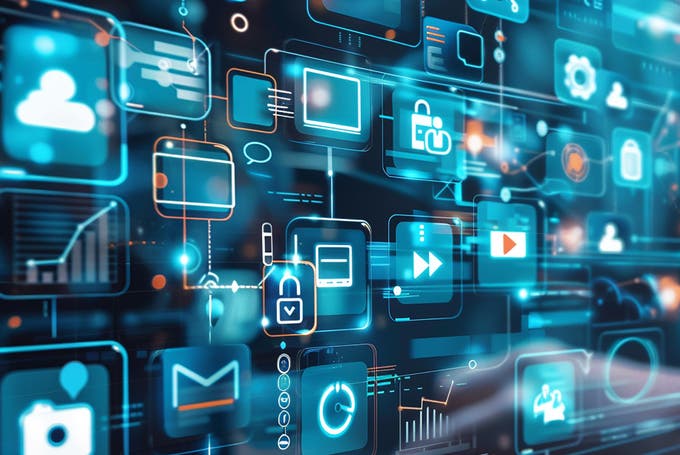 Digital artwork of multiple icons and luminous panels, indicating a connected Digital Experience Platform