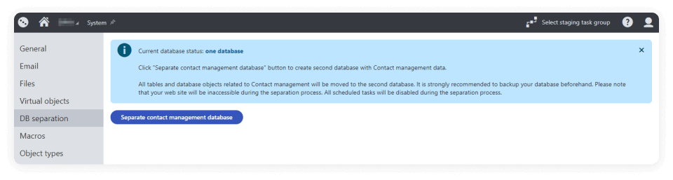 Screenshot of Splitting the database in the Kentico Admin