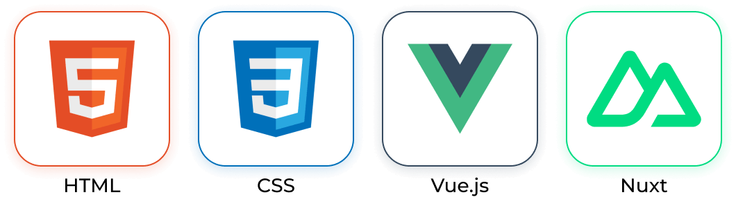 Logos for HTML, CSS, Vue,js and Nuxt technologies