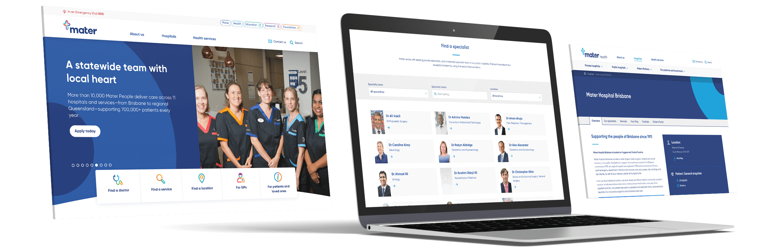 Mockup of the Mater Corporate website on laptop screens