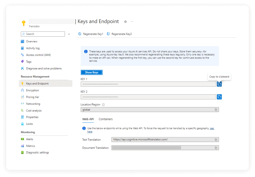 Screenshot of the Keys and Endpoints page in Azure translator