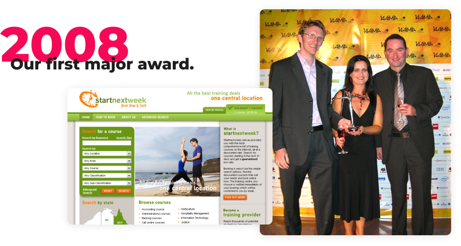 2008 Our first major award text graphic with a picture of our directors accepting the award and a screenshot of the winning website
