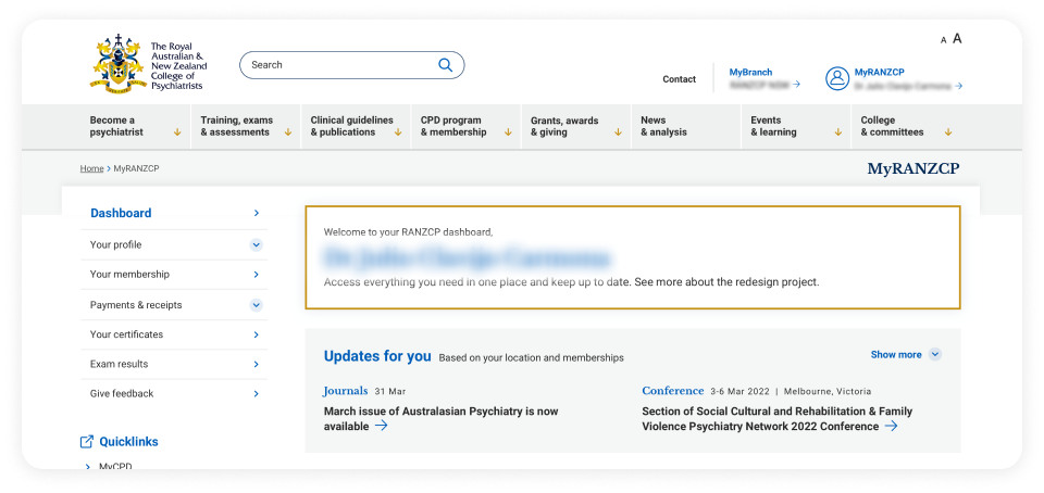 Screenshot of the RANZCP members dashboard