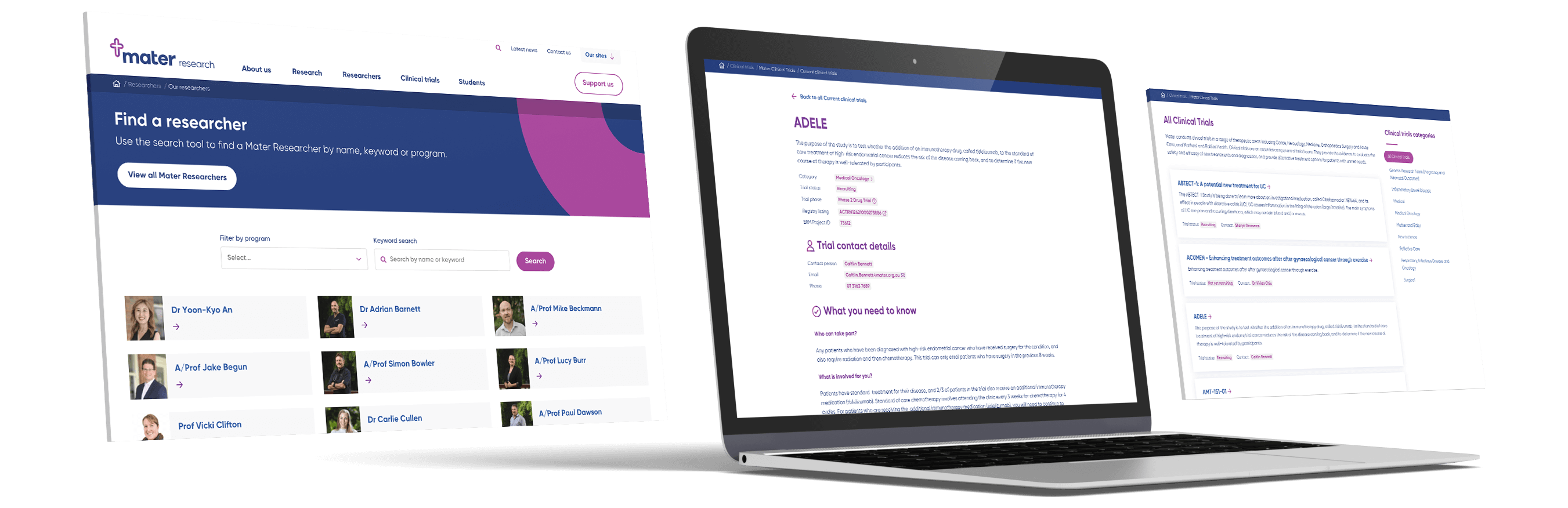 Mockup of the Mater Research website on three laptop screens